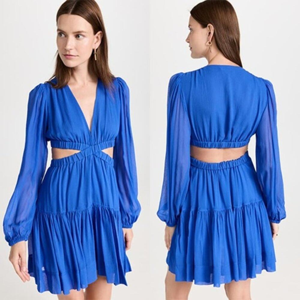 NWT A.L.C. Izzy ll Cut-Out Georgette V-Neck Long Sleeve Blue Mini Dress Size: 0